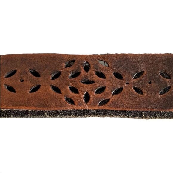 VINTAGE Brown Perforated Boho Leather Belt Silver Buckle XL - Picture 5 of 7